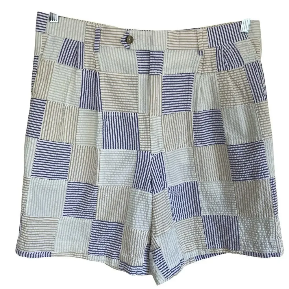 Berle Vintage Seersucker Cotton Madras Plaid Pleated Chino Shorts Preppy Sz 34